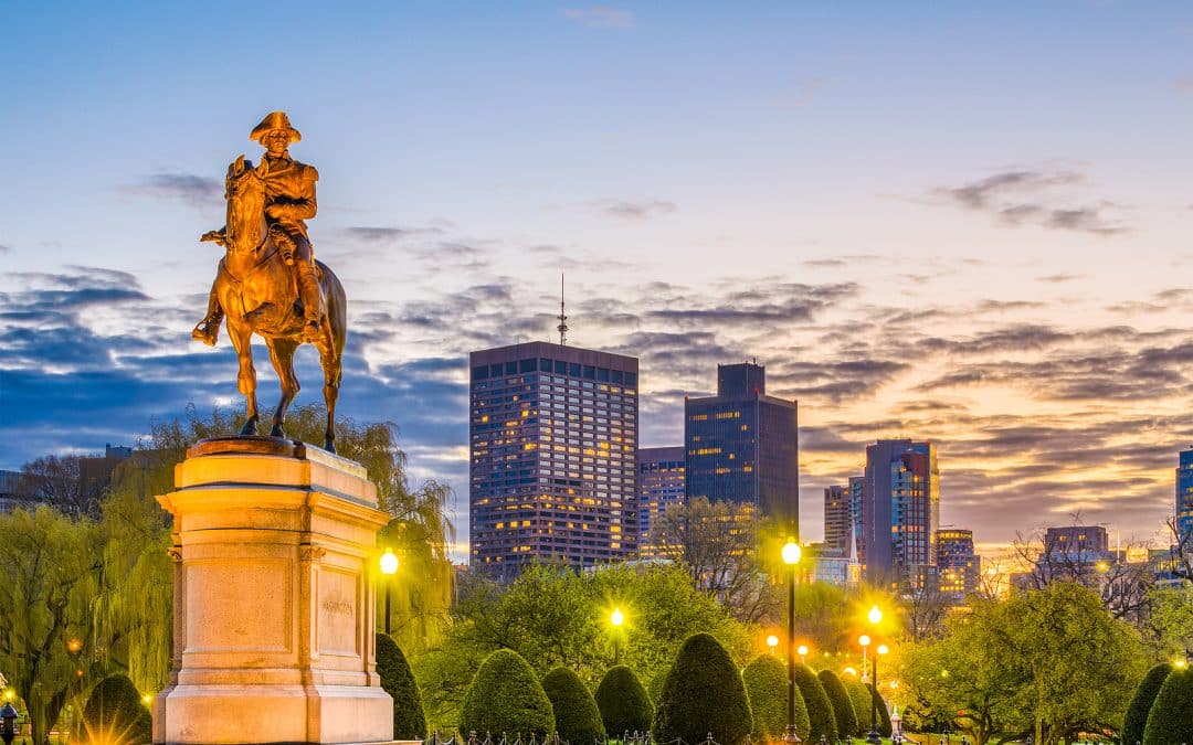 Boston, Massachusetts, USA skyline at the public garden.
